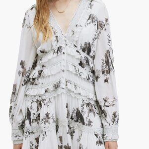 NWT All Saints Zora Iona Ruffle White Floral Print Long Sleeve Midi Dress US 12